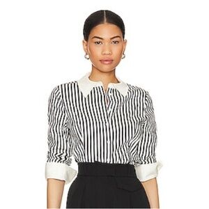 Alice + Olivia Willa Malia Fitted Dart Button Up Top Blouse Shirt in Joy Stripe